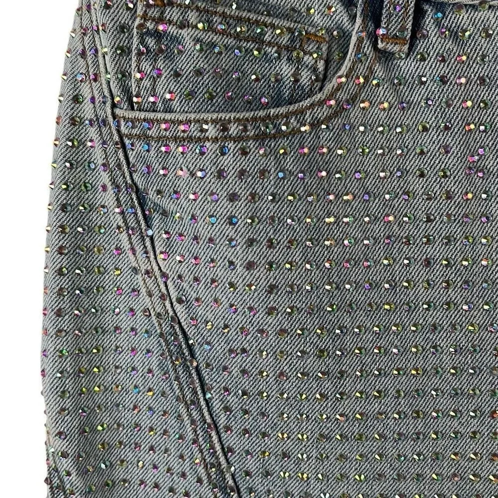 NWT Self-Portrait Blue Rhinestone Embellished High-Waisted Denim Jeans W27 L32